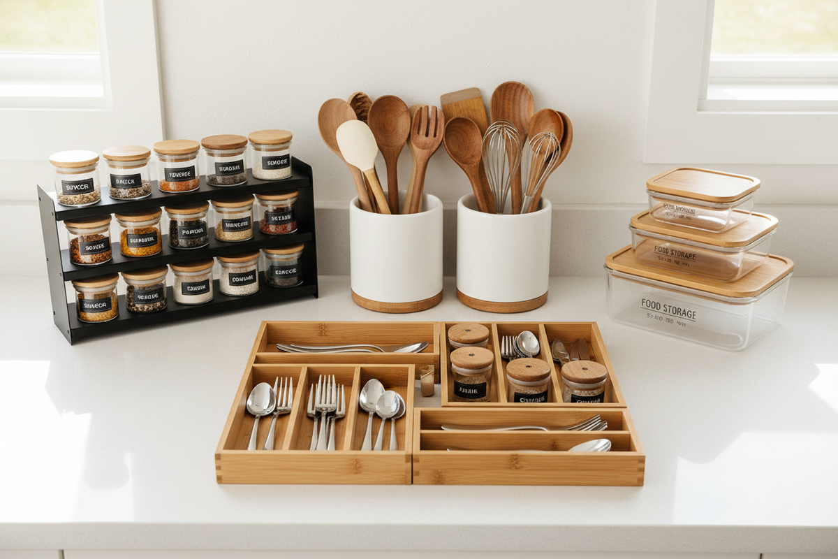 Kitchen storage and organizers.