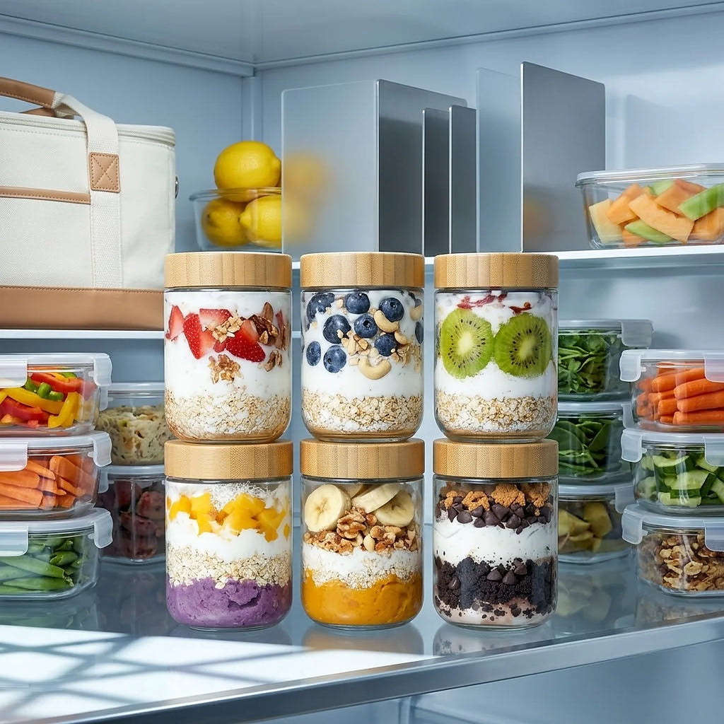 6 Pack 16 Oz Glass Overnight Oats Containers with Bamboo Lids.
