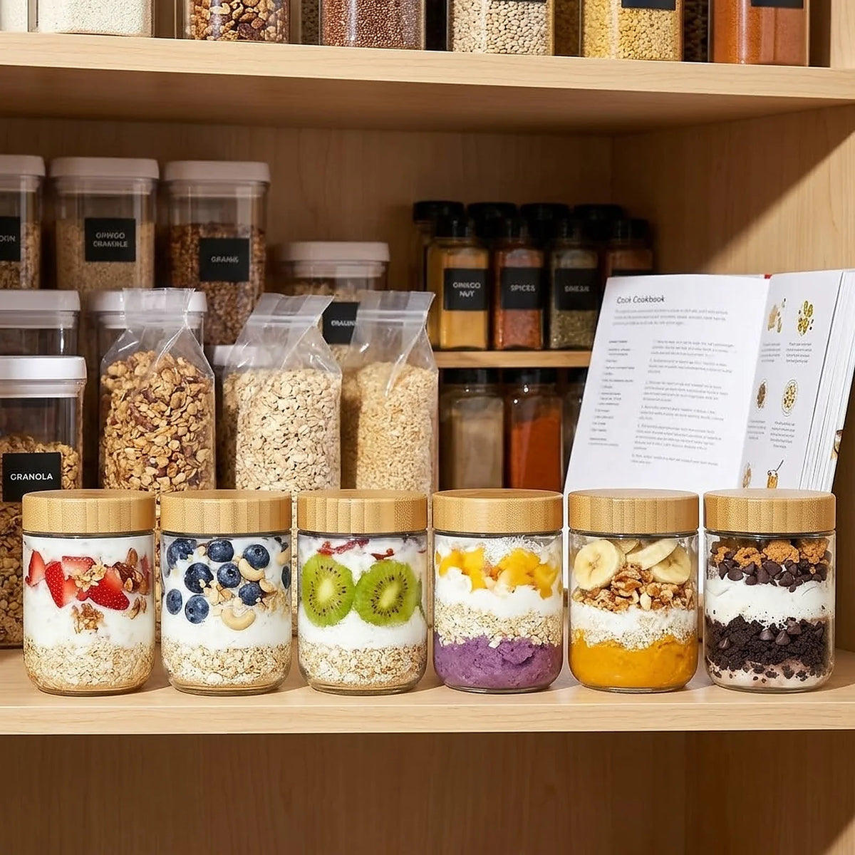 6 Pack 16 Oz Glass Overnight Oats Containers with Bamboo Lids.