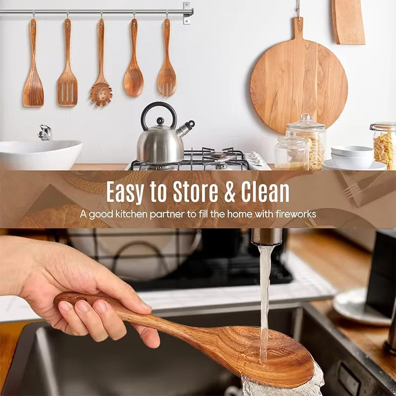 Wooden Kitchen Utensil Set Natural Acacia Wood Cooking Utensils Durable Kitchen Cookware Including Spoons Server Scraper Spatula