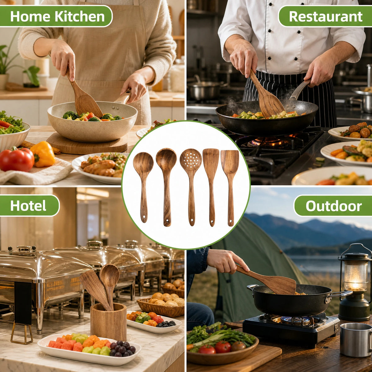 5pcs Wooden Utensil Set with Hanging Holes,