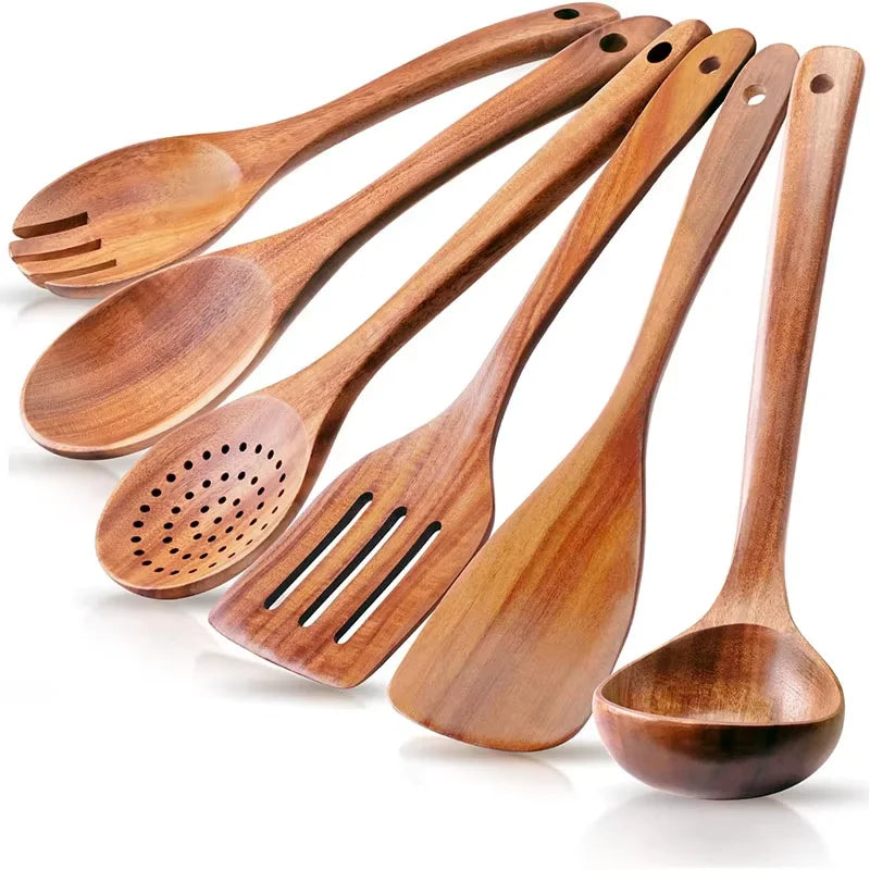 Wooden Kitchen Utensil Set Natural Acacia Wood Cooking Utensils Durable Kitchen Cookware Including Spoons Server Scraper Spatula