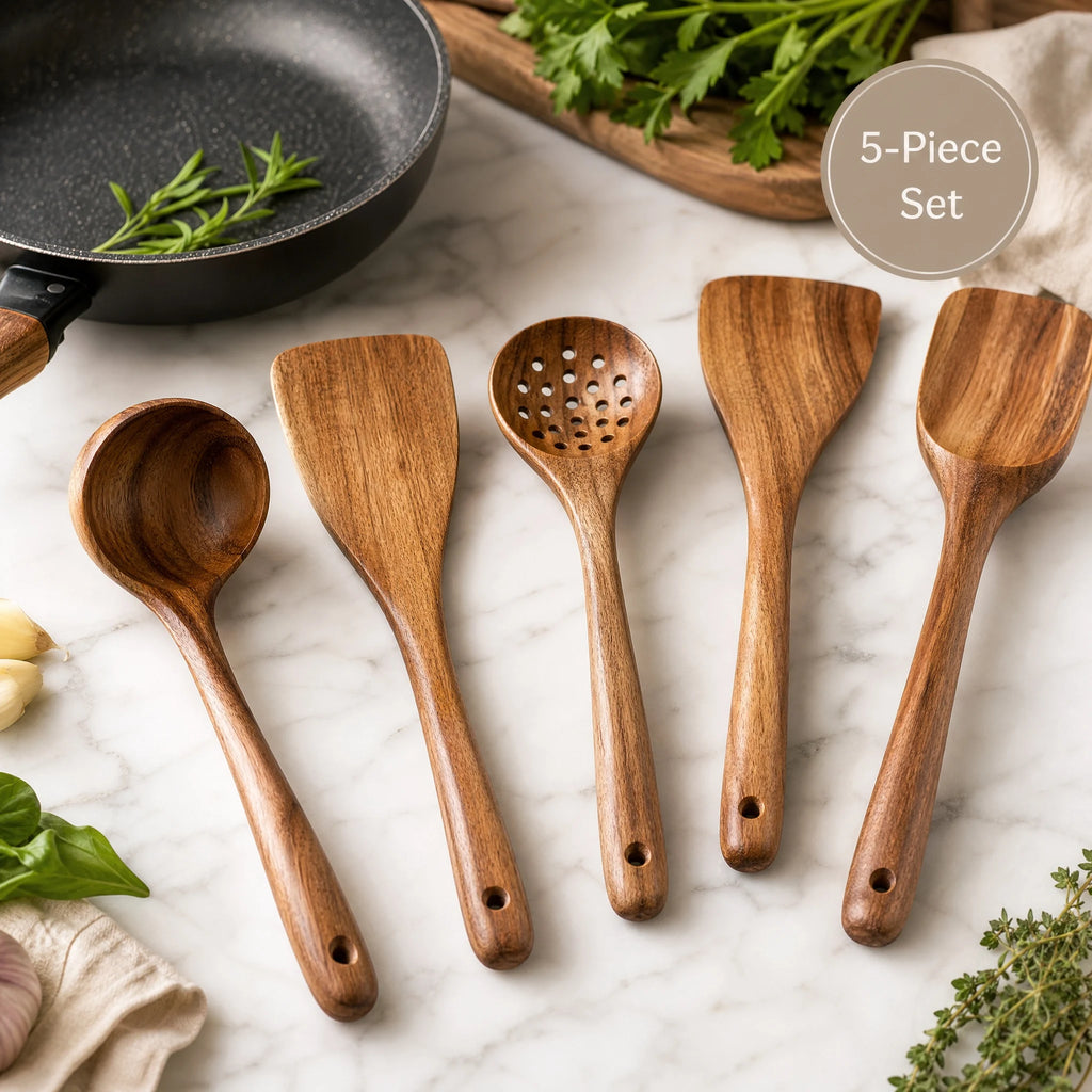 5pcs Wooden Utensil Set with Hanging Holes,