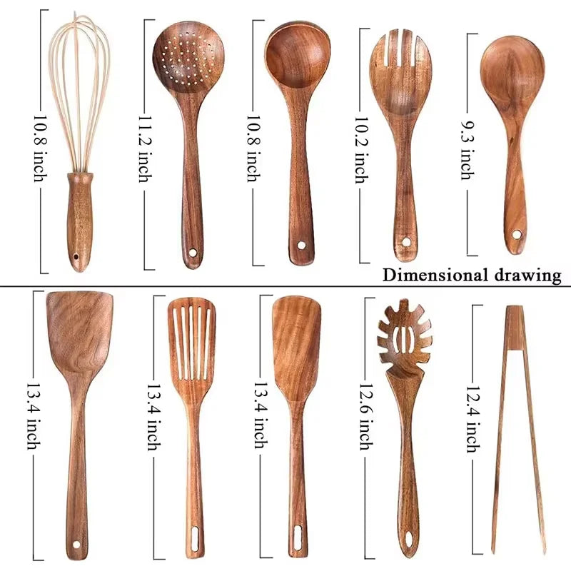 Wooden Kitchen Utensil Set Natural Acacia Wood Cooking Utensils Durable Kitchen Cookware Including Spoons Server Scraper Spatula