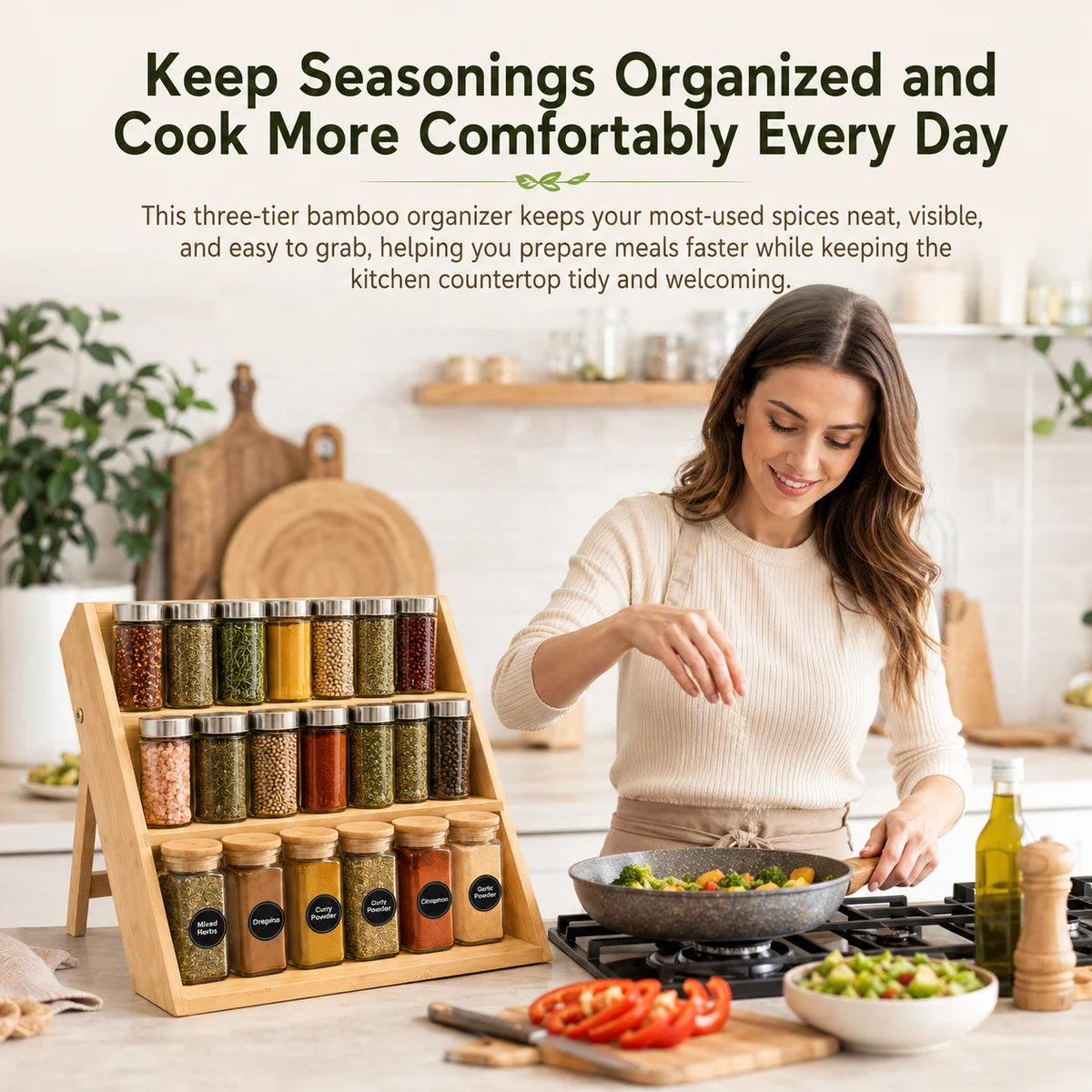 Bamboo Spice Rack Kitchen Countertop Organizer.