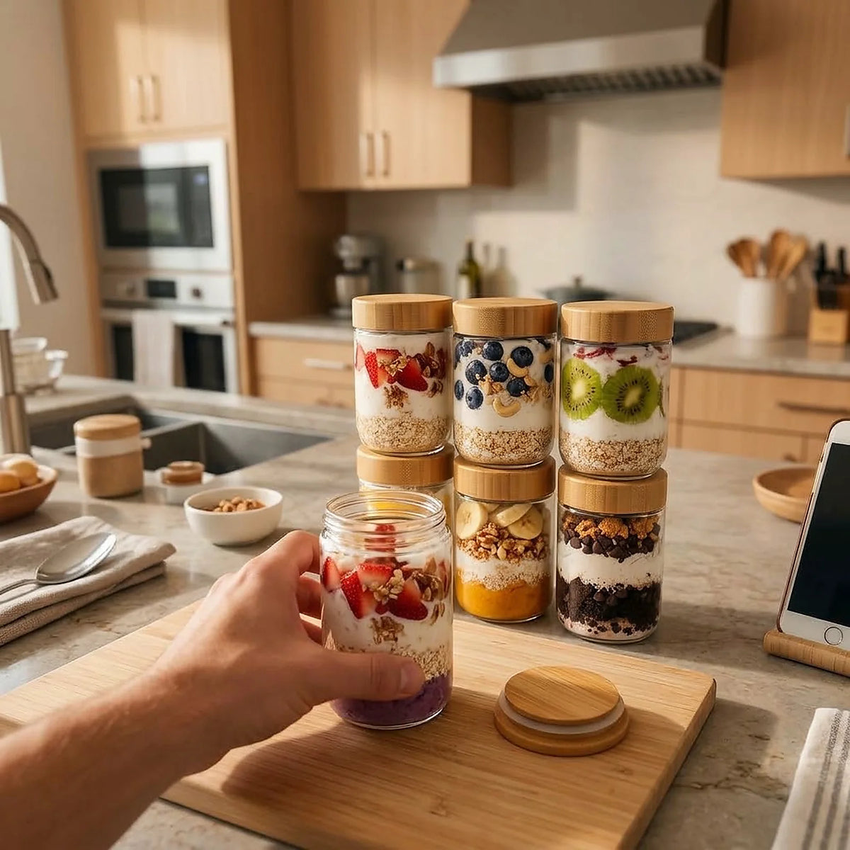6 Pack 16 Oz Glass Overnight Oats Containers with Bamboo Lids.