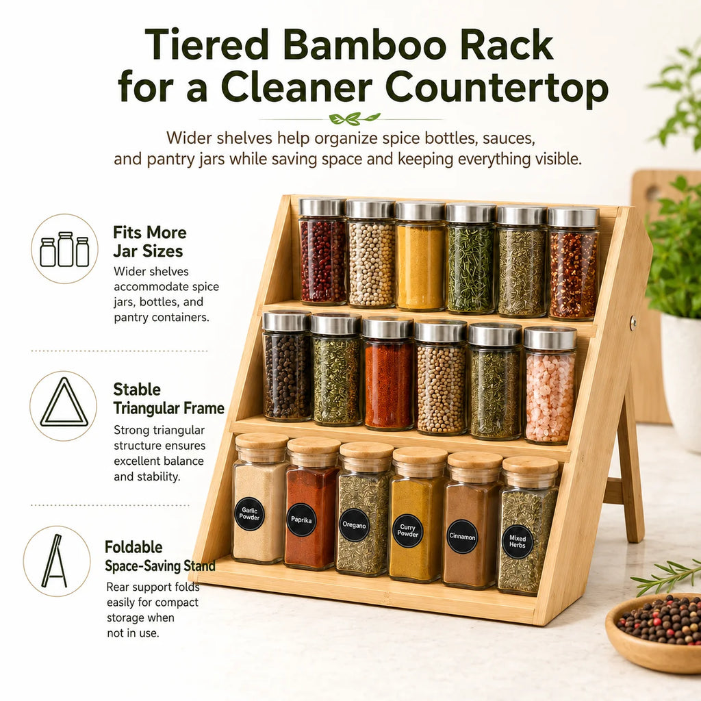Bamboo Spice Rack Kitchen Countertop Organizer.