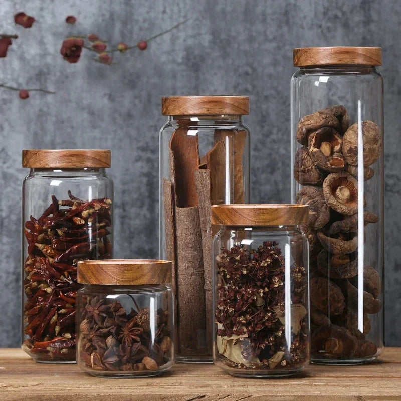 Glass Airtight Storage Canisters with Wood Lids