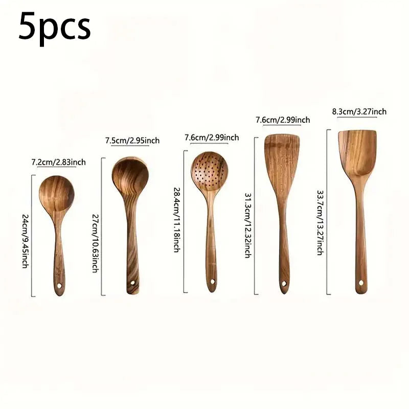5pcs Wooden Utensil Set with Hanging Holes,