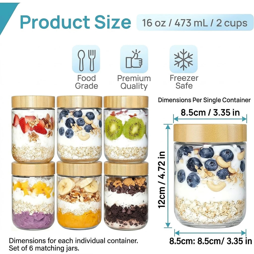 6 Pack 16 Oz Glass Overnight Oats Containers with Bamboo Lids.