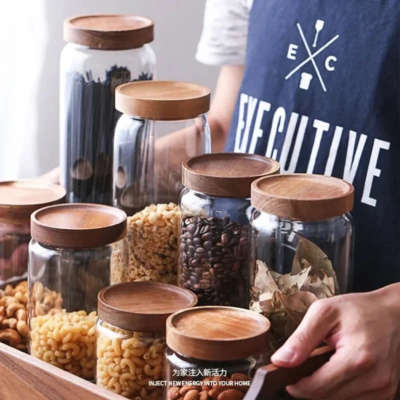 Glass Airtight Storage Canisters with Wood Lids