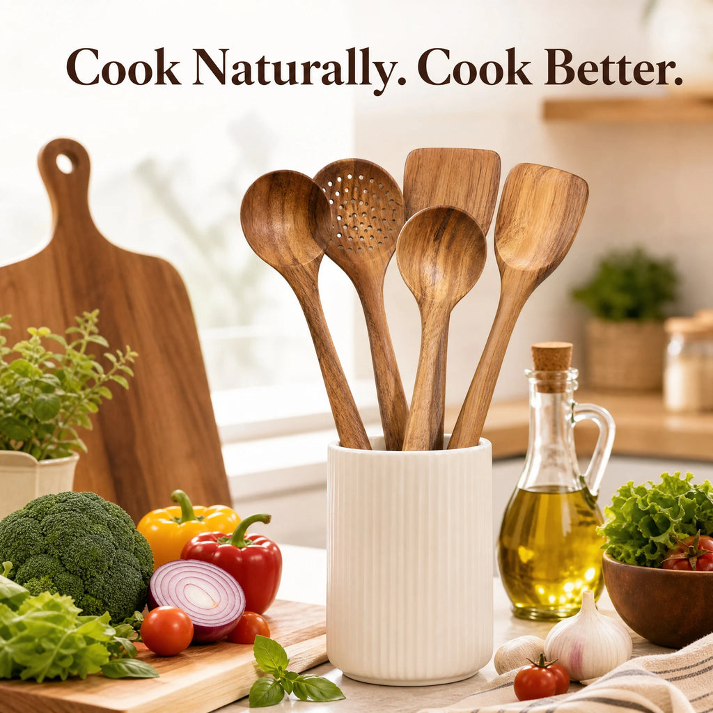 5pcs Wooden Utensil Set with Hanging Holes,
